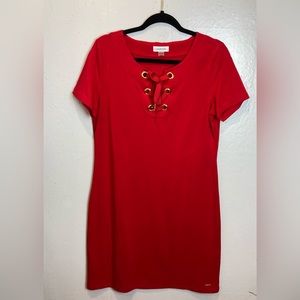 Calvin Klein Dress Size M Red TShirt Knit Below Knee Grommet Lace Up Shift Logo